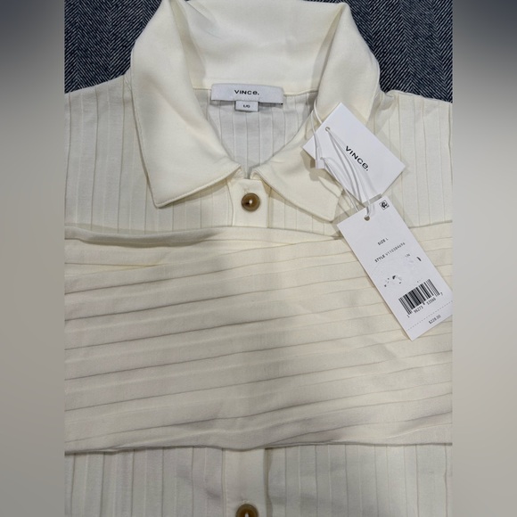 Vince Ribbed Collared Long-Sleeve Button-Front Top | color: vanilla | size: L - Picture 7 of 8
